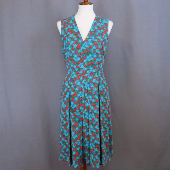 Akris 10 Green Red Ai Print Sleeveless Swing Fit Flare Pleated Pocket Dress - Picture 9 of 15